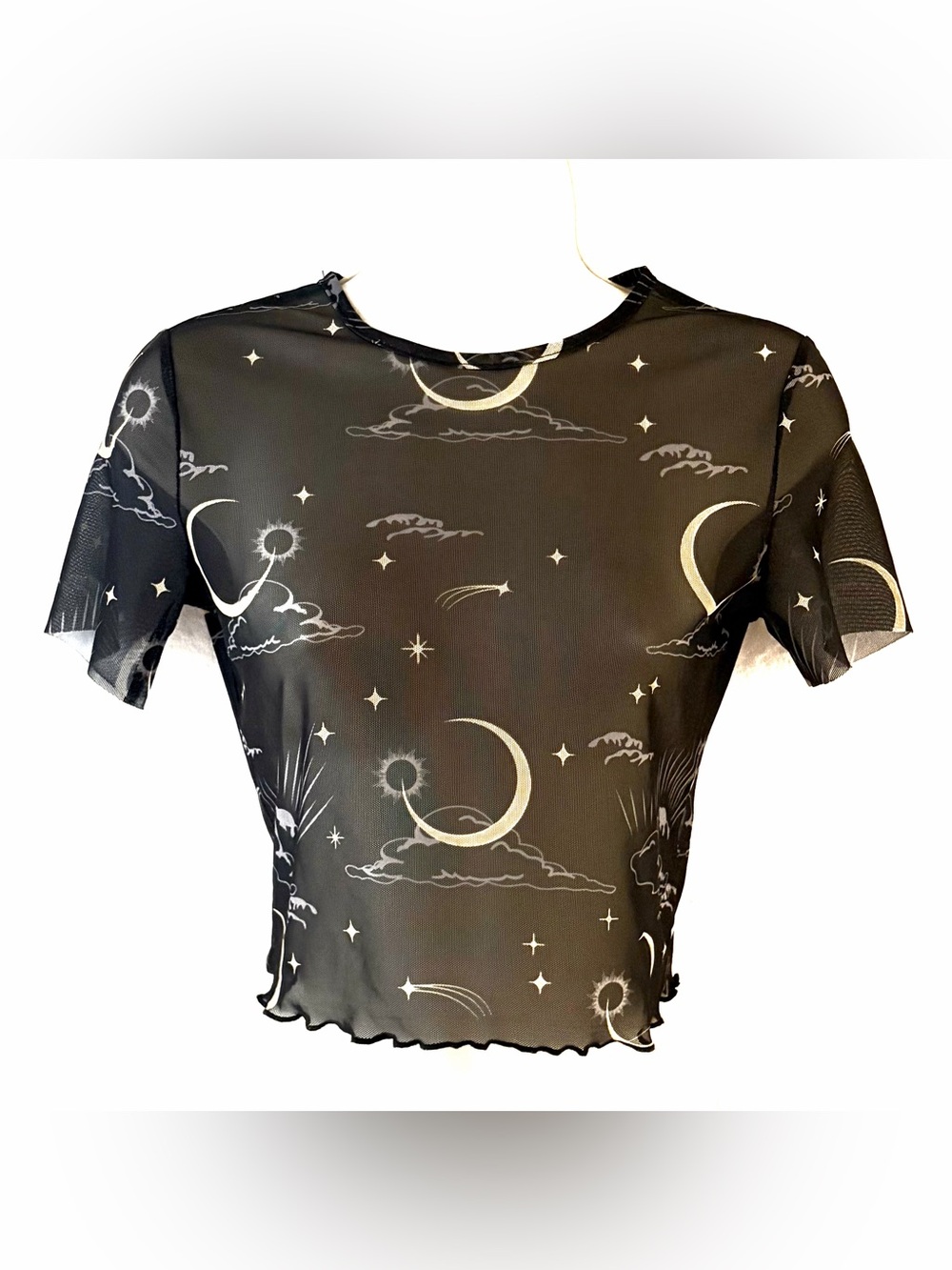 Sheer Moon and Star Print Cropped Mesh Top